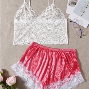 Pink Lace 2 Pc Bralette & Silk Shorts Lingerie Set